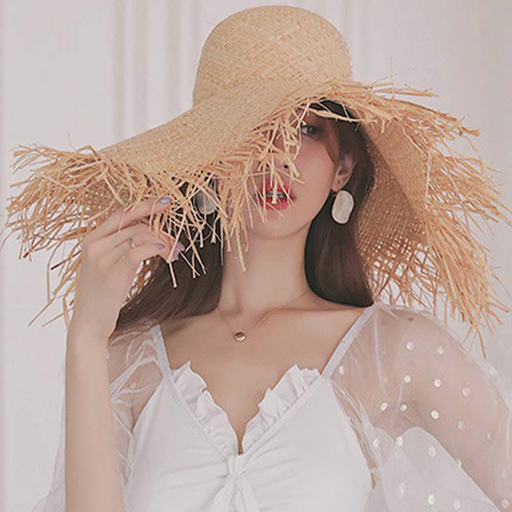 Oversized Tan Frayed Straw Sun Hat
